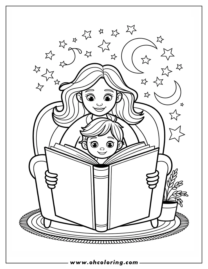 Line art of a mother and child reading a large book together in an armchair, with stars and moons in the background. A simple, heartwarming drawing ideal for a Mother's Day coloring sheet.
