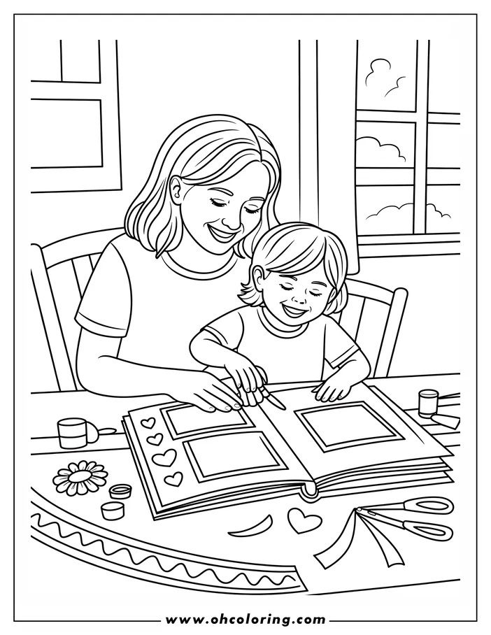 Line art of a mother and child making a scrapbook together. The mother and child sit at a round table, looking at an open scrapbook. They are surrounded by craft supplies like scissors, ribbons, stickers, and glue. This heartwarming drawing is a coloring sheet design, perfect for Mother's Day or celebrating family time.