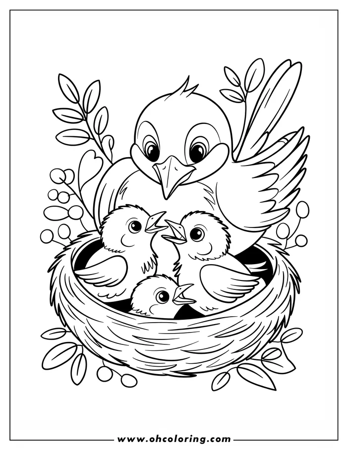 Outline of a mother bird perched on her nest with three baby chicks, surrounded by leaves and berries.