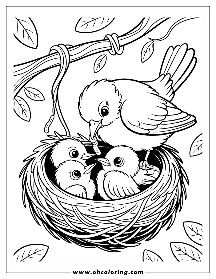 Line art of a mother bird feeding her two baby chicks in a nest. The nest is nestled in the branches of a tree, surrounded by leaves. The scene depicts a tender moment of nurturing, perfect for a Mother's Day coloring activity.