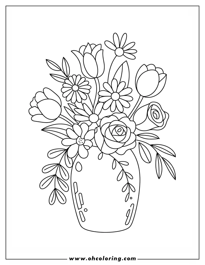 Line art of a Mother's Day bouquet in a vase. The coloring sheet design features tulips, roses, daisies, and greenery arranged in a rounded vase, ideal for a Mother's Day coloring activity.