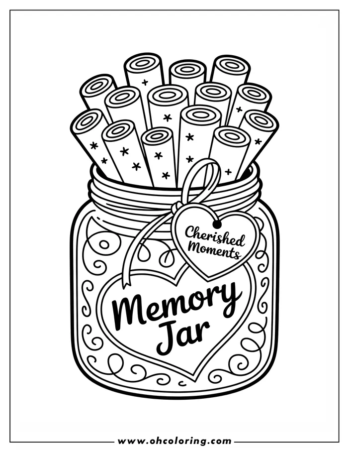 Line art of a Mother's Day memory jar filled with rolled notes. A ribbon is tied around the jar's neck, and a heart-shaped tag hangs down, labeled 'Cherished Moments.'  The jar is decorated with a heart and the words 'Memory Jar,' with elegant swirls around the edges. This drawing is a coloring sheet design.