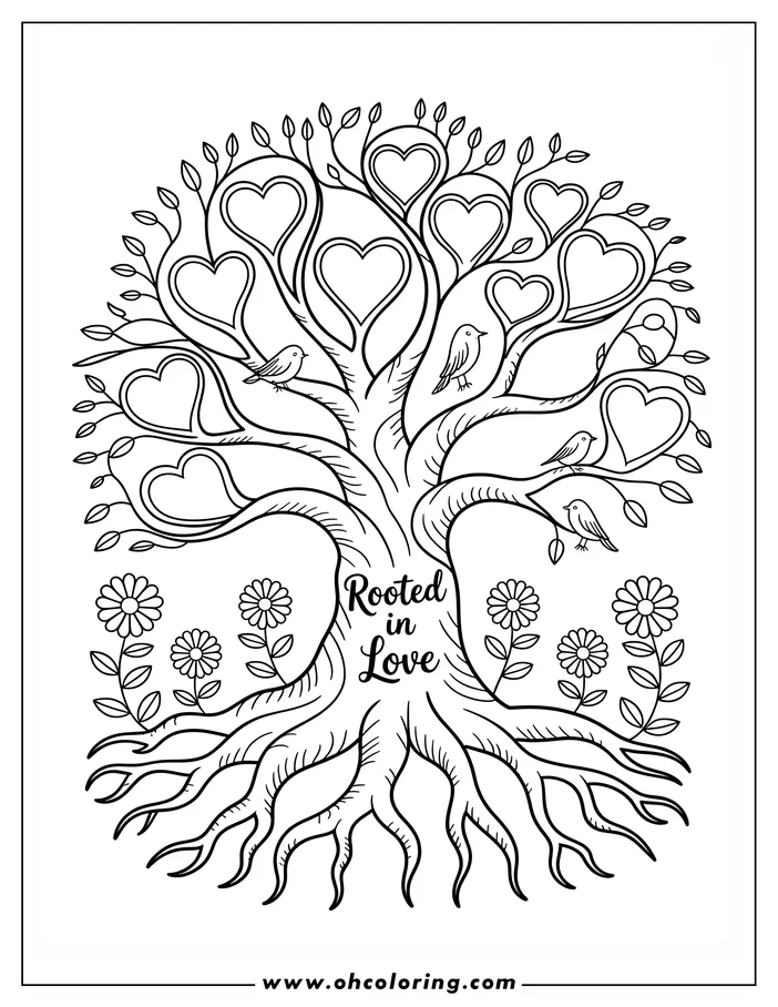 Mother's Day coloring sheet design: A tree with heart-shaped leaves and three small birds on its branches. At the base are simple flowers and prominent roots, with "Rooted in Love" written on the trunk.