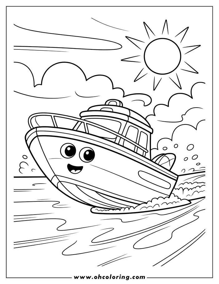 Line art of a cheerful motorboat speeding across the water, leaving a wake and splashes.  A bright sun shines overhead.