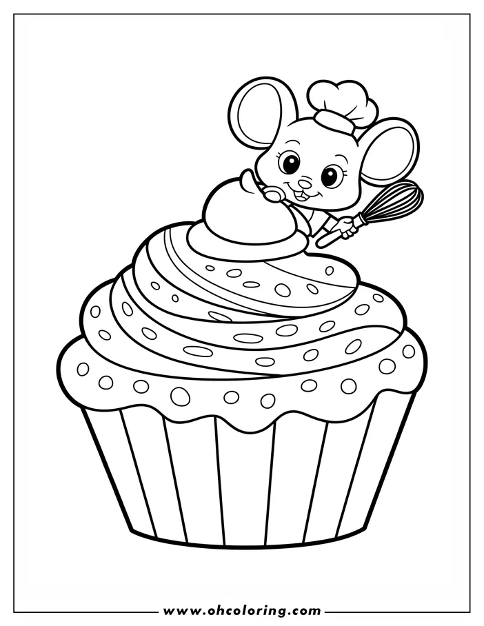 Line art of a mouse with a chef's hat and whisk sitting on a cupcake