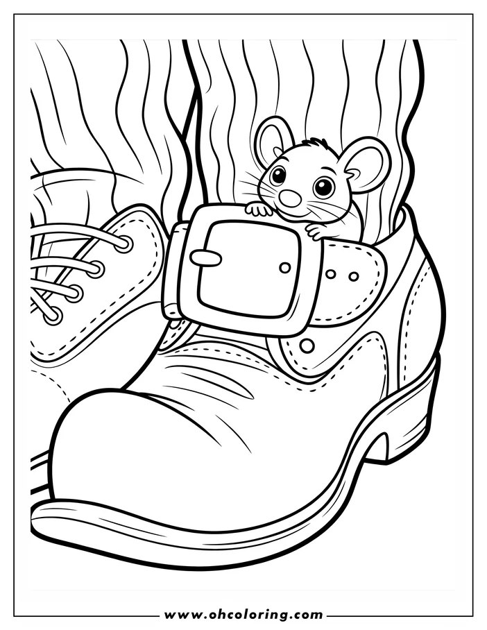 Line art of a cartoon mouse peeking out from the buckle of a leprechaun's shoe. The shoe has laces, stitching, and a large buckle. This whimsical design is a coloring sheet suitable for St. Patrick's Day.