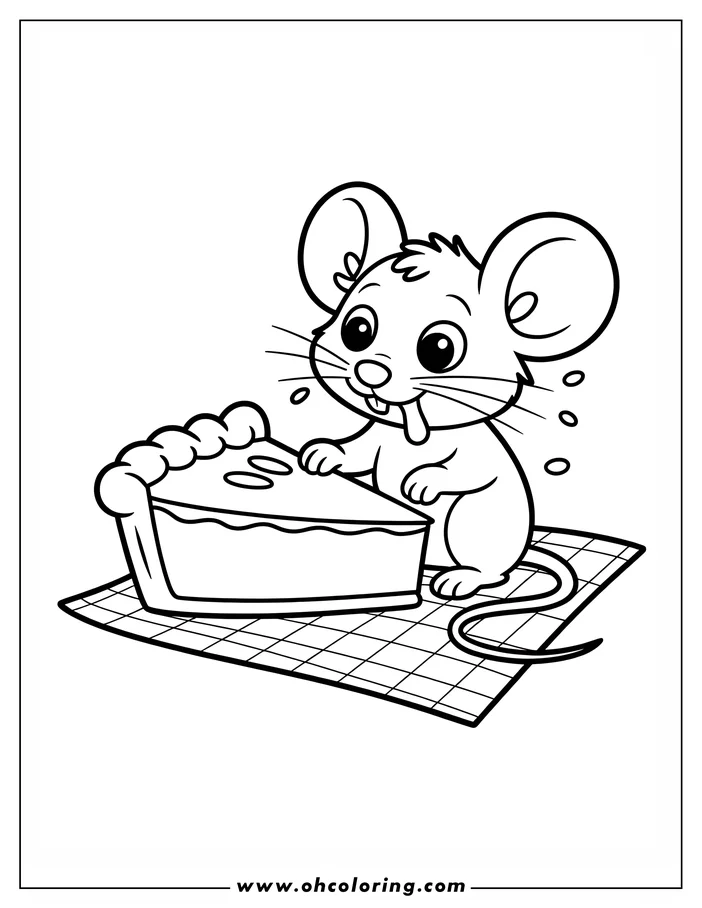 Line art of a mouse enjoying a slice of Thanksgiving pie.