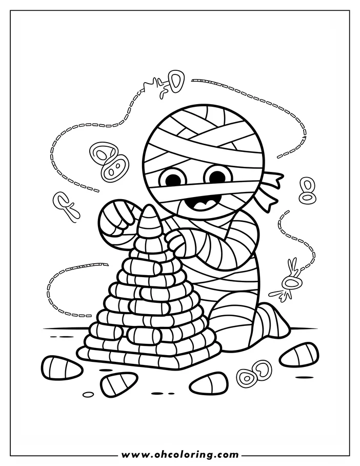 Line art of a mummy building a tower of candy corn for Halloween. Scattered candies surround the mummy and its tower.