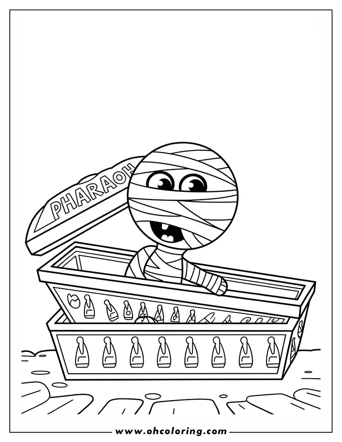 Line art of a cartoon mummy emerging from a sarcophagus.