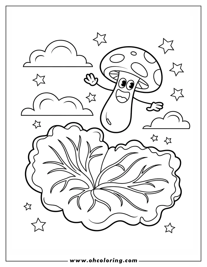 Line art of a cheerful cartoon mushroom floating above a large lettuce leaf. The mushroom has spots on its cap and wears gloves. Stars and clouds fill the background. This is a coloring sheet design.