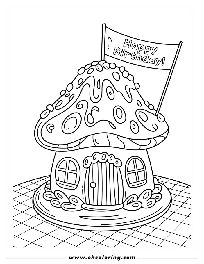 Line art of a mushroom-shaped birthday cake with a "Happy Birthday!" banner. The cake has a door and windows, resembling a small house.