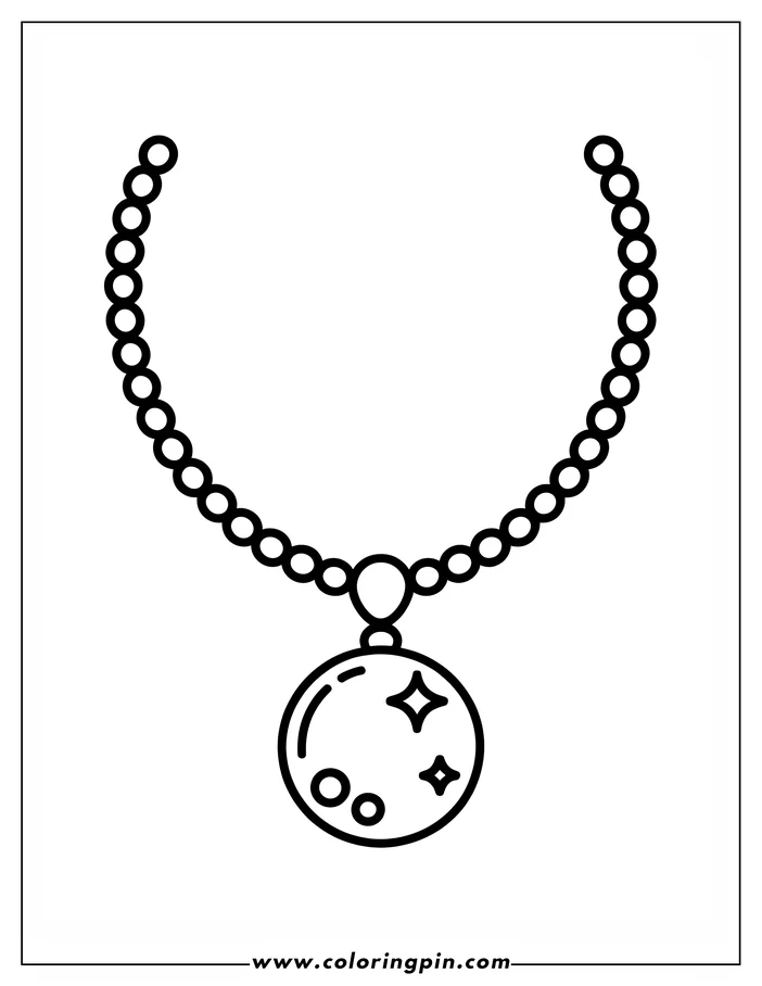 Line art of a necklace with a circular pendant containing two small circles and two star shapes. The necklace has a chain made of small, evenly spaced circles.