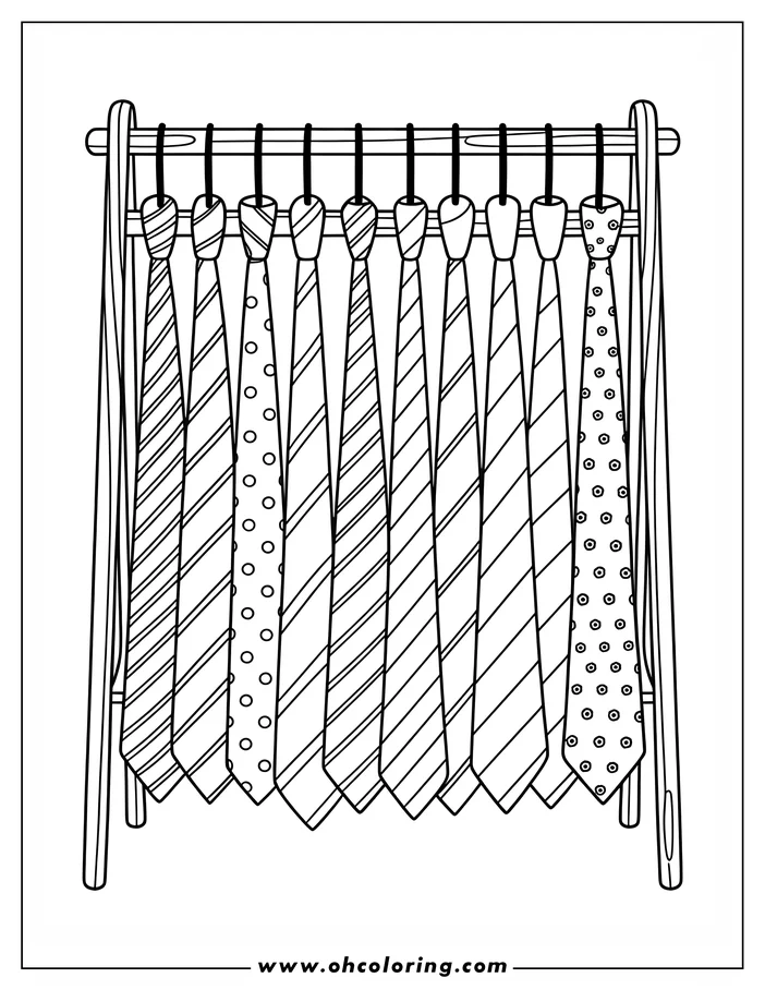 Line art of multiple neckties with various patterns hanging on a wooden rack. This Father's Day coloring page offers a creative way to celebrate.