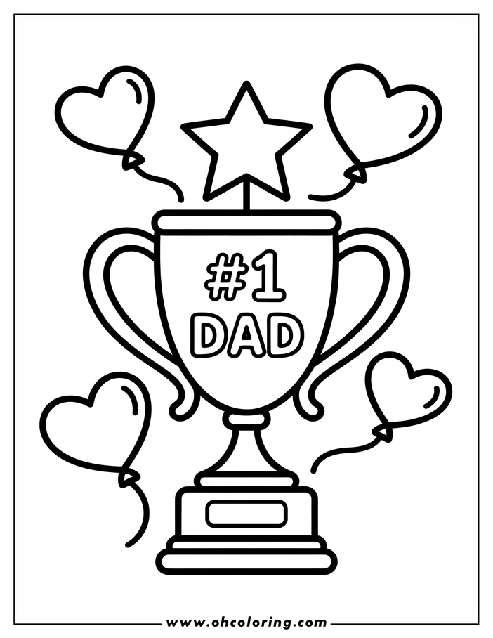 A simple line drawing of a trophy that says "#1 Dad" with five heart-shaped balloons, a coloring sheet image perfect for Father's Day.