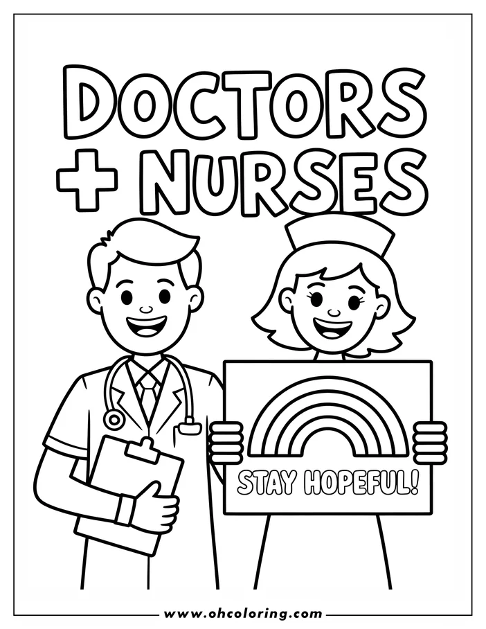 Line art of a nurse and doctor holding a sign with a rainbow that says "Stay Hopeful!"