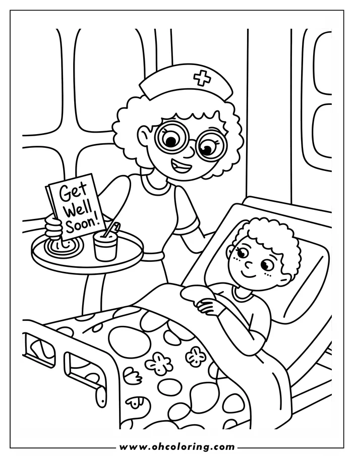 Line art of a nurse holding a tray with medicine and a "Get Well Soon!" card for a young patient lying in a hospital bed.