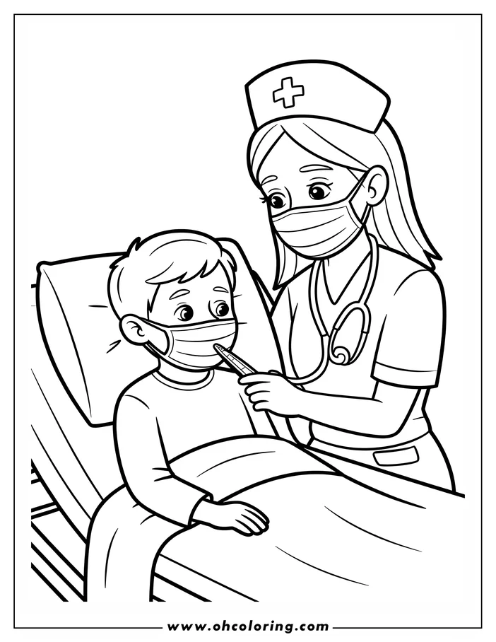 Line art of a nurse wearing a mask and taking a patient's temperature in a hospital bed.