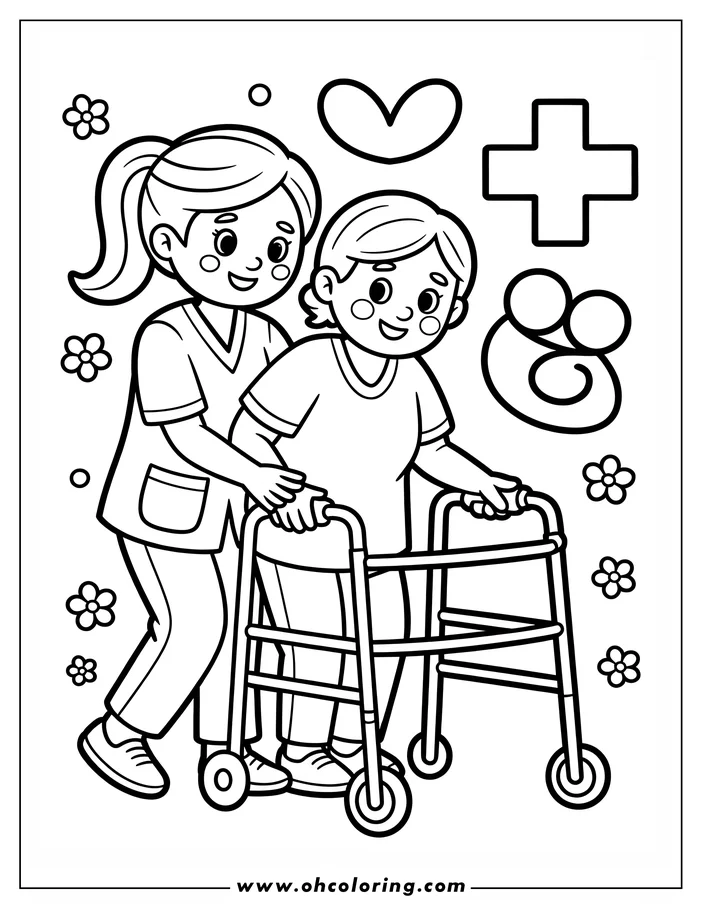 A nurse gently helps a patient using a walker.  A medical cross and small flowers decorate the scene.