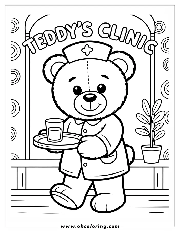 Line art of a friendly teddy bear nurse carrying a tray with a glass of water. The bear is wearing a nurse's cap and uniform. A potted plant is visible in the background. This drawing is designed as a coloring sheet.