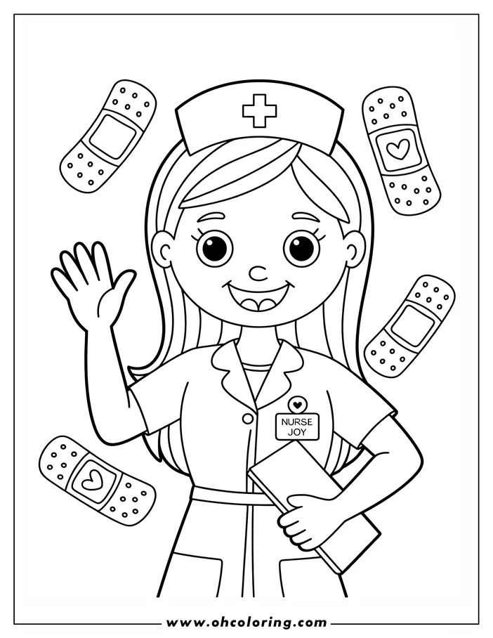 Line art of Nurse Joy waving. She wears a nurse's uniform and holds a patient's file. Several bandages float around her.