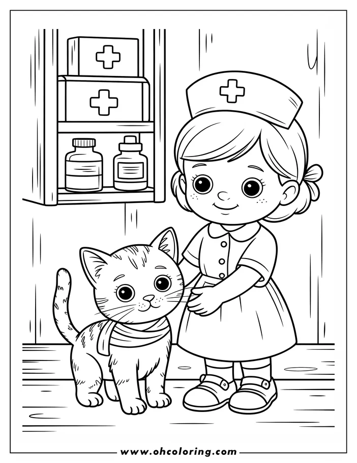Line art of a nurse with a bandaged cat in a medical setting. The nurse wears a uniform and smiles at the cat.