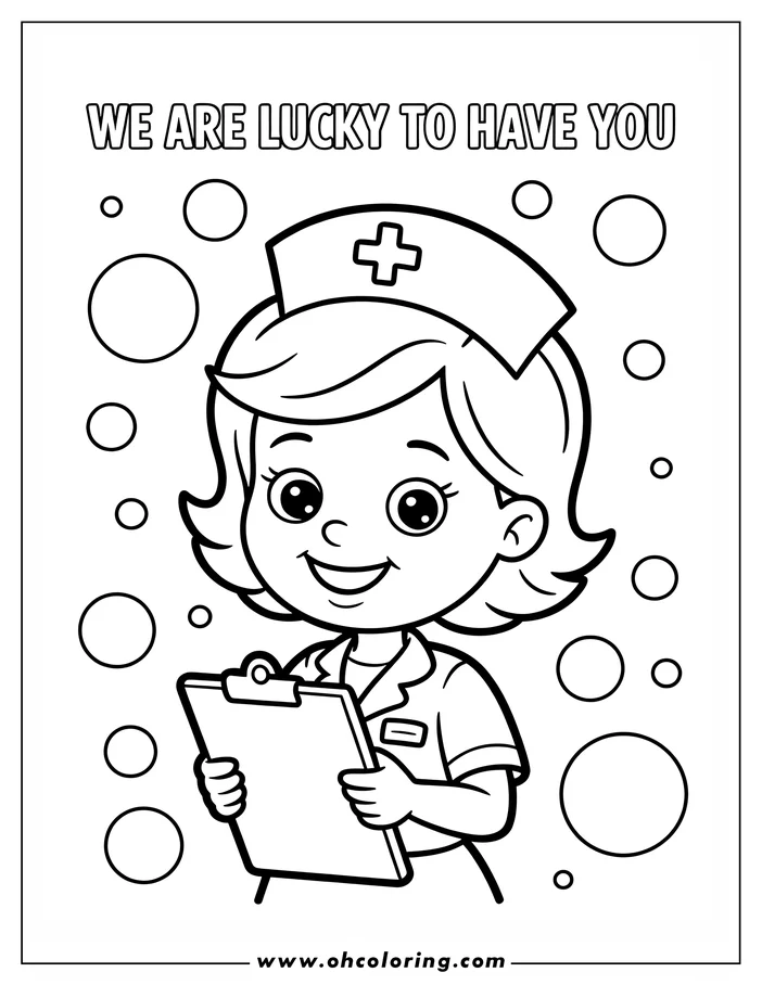 Line art of a nurse holding a clipboard, wearing a cap and uniform with a name tag.
