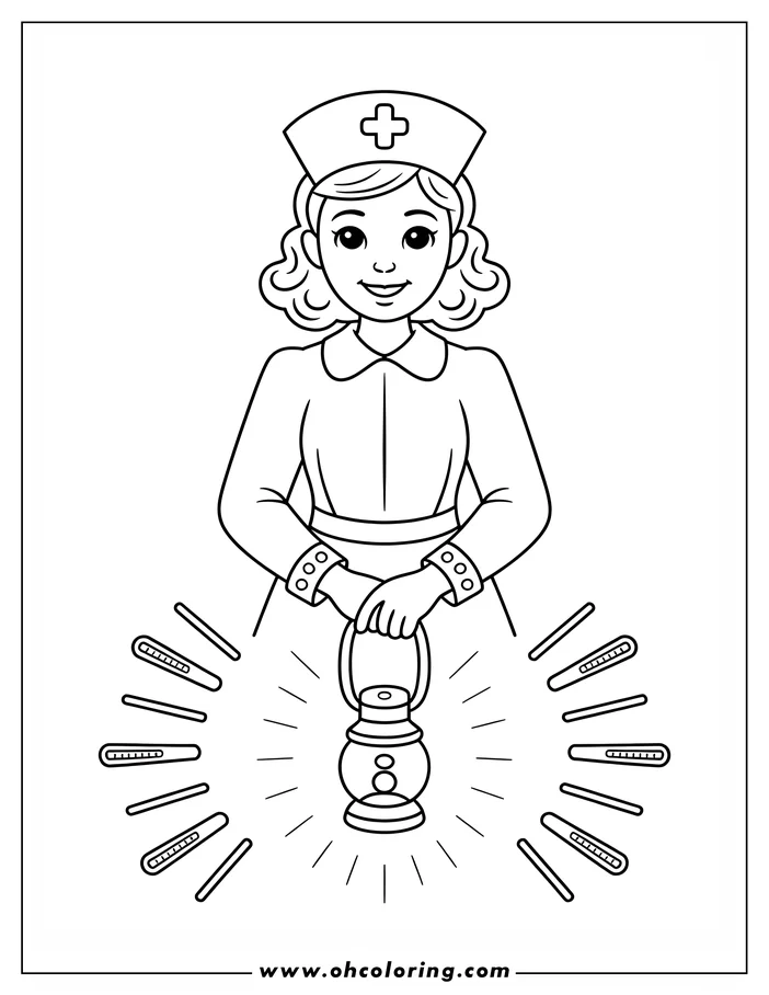 Line art of a nurse holding a lantern, surrounded by thermometers.