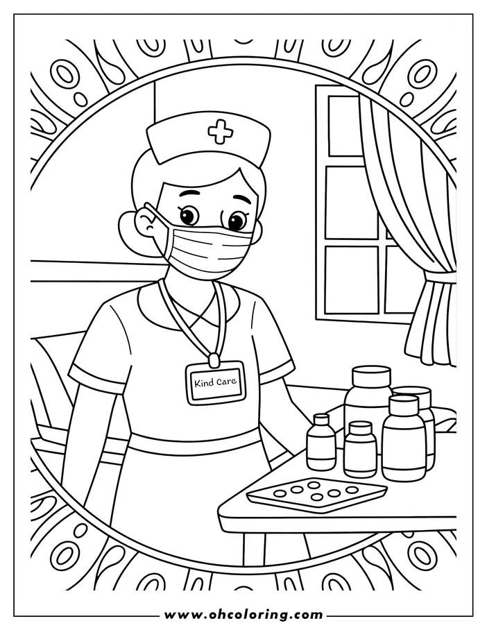 Line art of a nurse with medicine bottles and a blister pack of pills on a table.  She is wearing a face mask and a name tag that says "Kind Care".