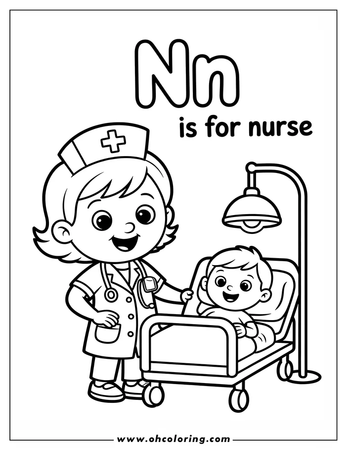A nurse stands next to a patient lying in a hospital bed, ready to provide care.  A lamp stands by the bedside.