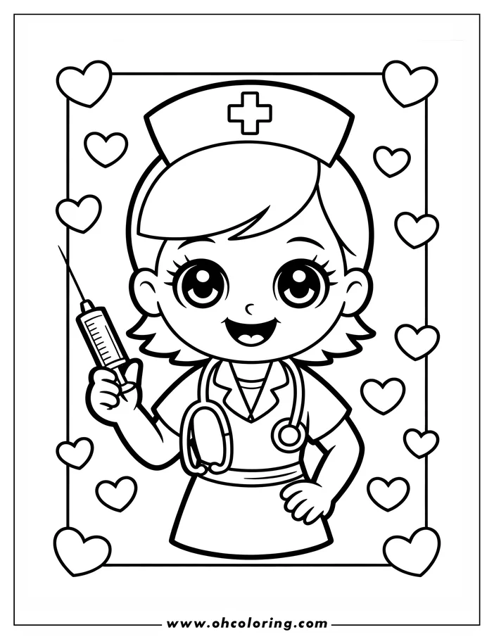 Line art of a friendly nurse holding a syringe, surrounded by decorative hearts. She wears a nurse's cap and has a stethoscope.