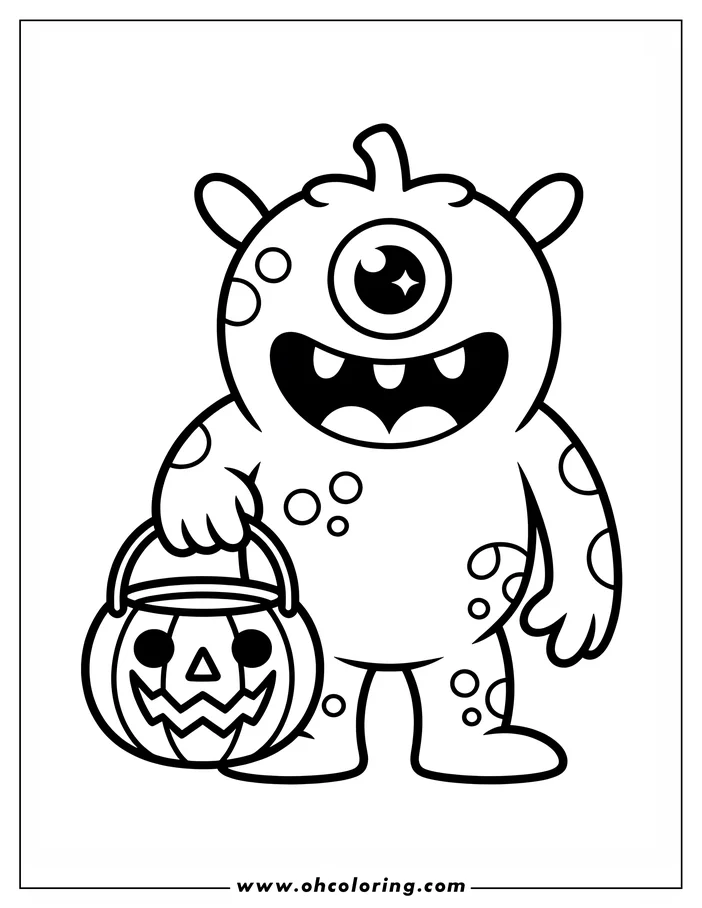 Line art of a friendly one-eyed Halloween monster holding a pumpkin pail, ready for trick-or-treating.
