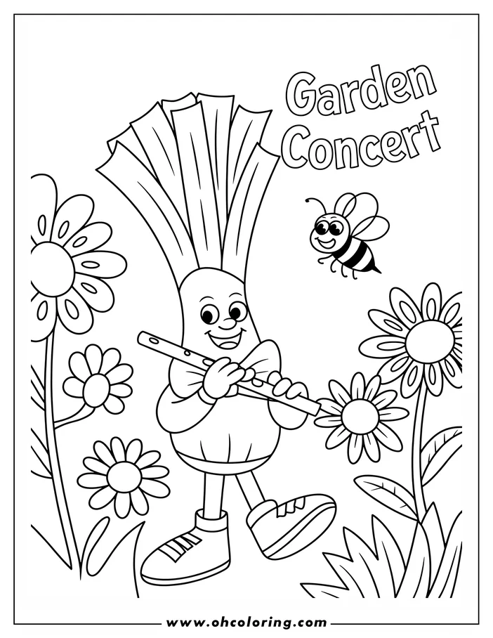 Line art of an anthropomorphic onion playing a flute in a garden setting.  The onion is wearing shoes and a bow tie. Several flowers and a bee surround it. This is a design for a coloring sheet.