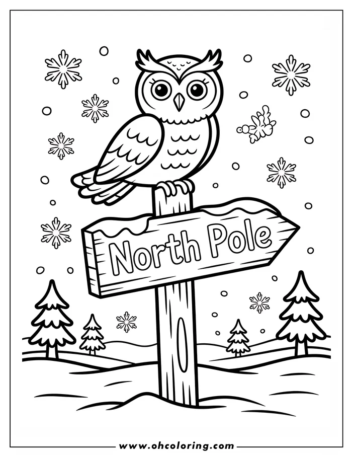 Line art of an owl perched on a North Pole sign in a snowy landscape. The owl has large, expressive eyes and detailed feather patterns. The scene includes snowflakes, snow-covered ground, and stylized evergreen trees, designed as a winter-themed coloring page.