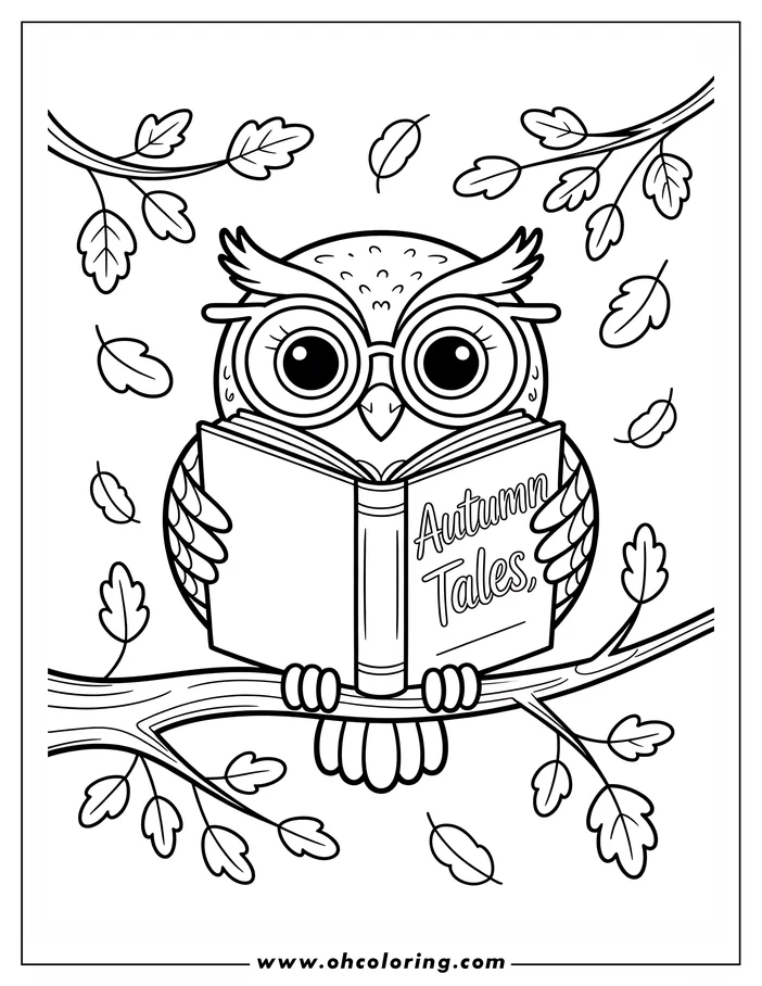 Line drawing of an owl with glasses reading "Autumn Tales" on a tree branch, surrounded by falling leaves.