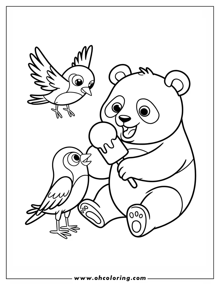 Outline of a panda bear sitting and eating a popsicle, with two birds nearby.