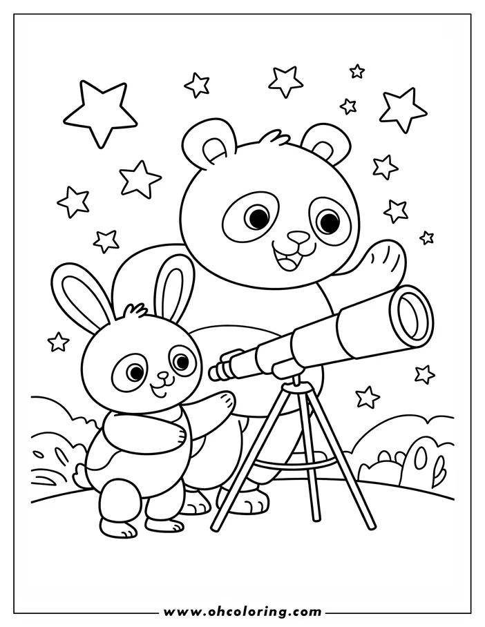 Outline of a panda and rabbit using a telescope under a starry sky