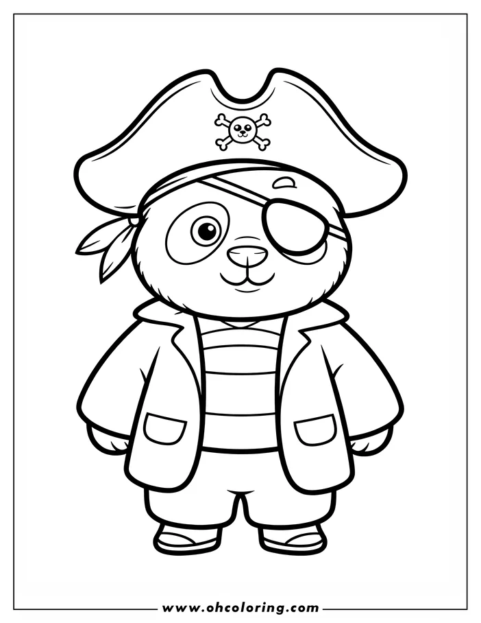 Outline of a panda bear dressed in a pirate costume, complete with a hat, eye patch, and jacket.