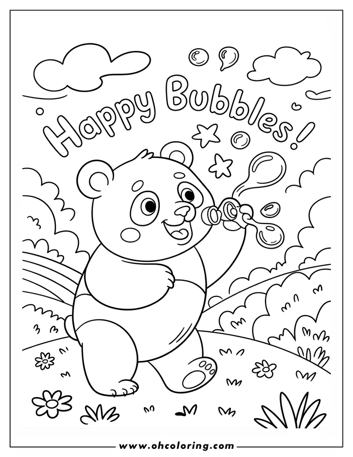 Outline drawing of a panda bear blowing bubbles in a grassy field.