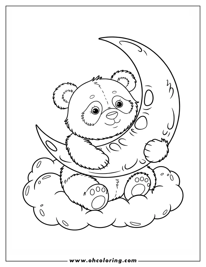 Line art of a panda sitting on a crescent moon, perched on a cloud.