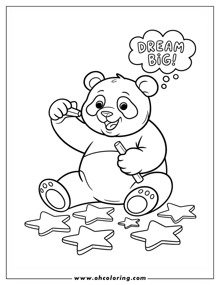 Outline of a panda drawing multiple star shapes with crayons.