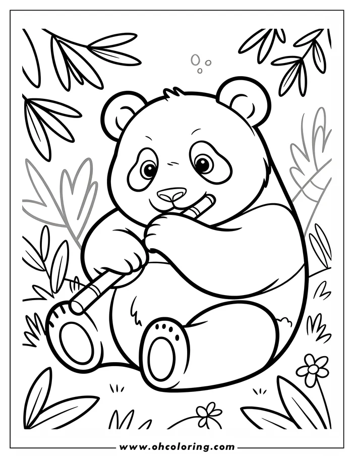 Outline of a panda bear sitting and eating a piece of bamboo, surrounded by leaves and flowers.