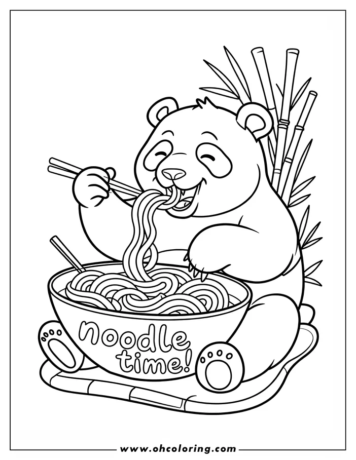 Outline of a panda bear eating noodles with chopsticks, sitting on a bamboo mat near bamboo stalks.