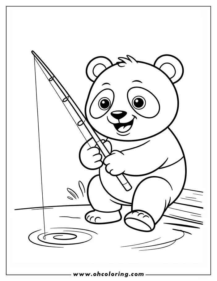Outline of a cartoon panda bear fishing from a riverbank.  The panda looks happy and holds a fishing rod.