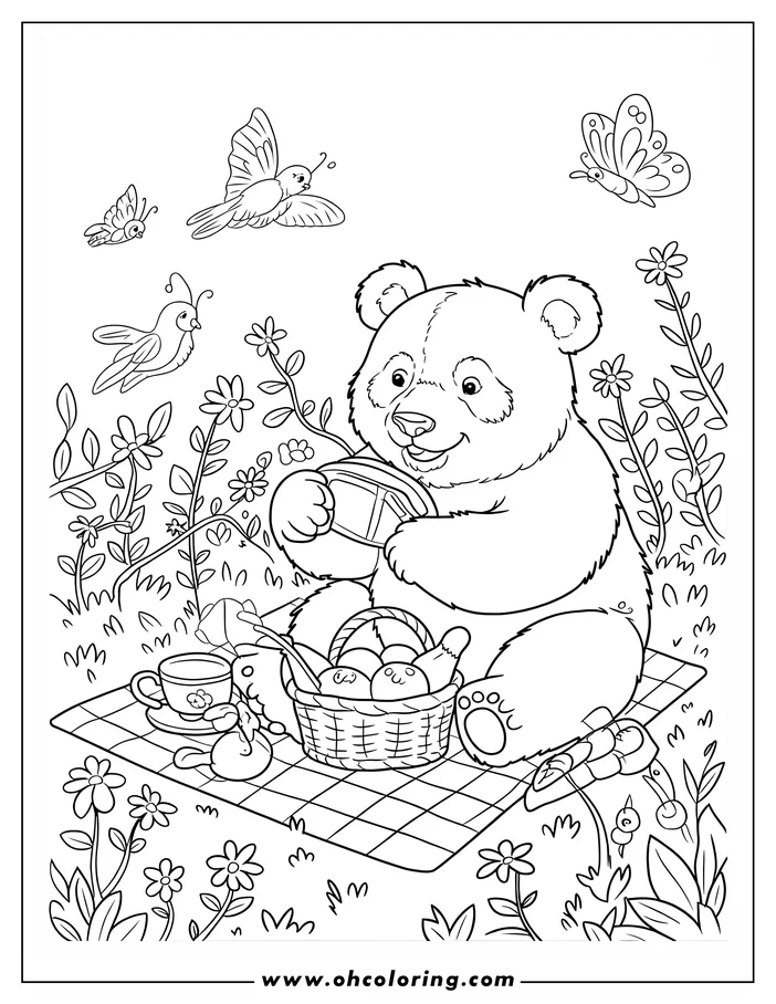 Outline of a panda bear enjoying a picnic in a meadow filled with flowers, butterflies, and birds. The panda holds a small treat, and a basket of fruit sits on the picnic blanket.