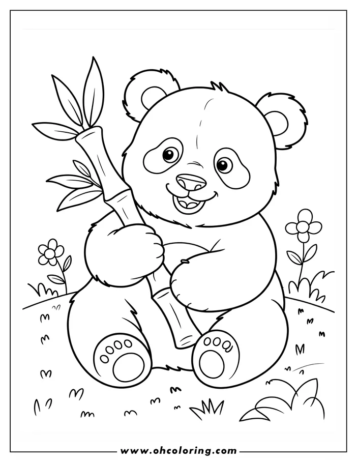 Outline of a panda sitting and holding a stalk of bamboo, surrounded by small flowers and blades of grass.