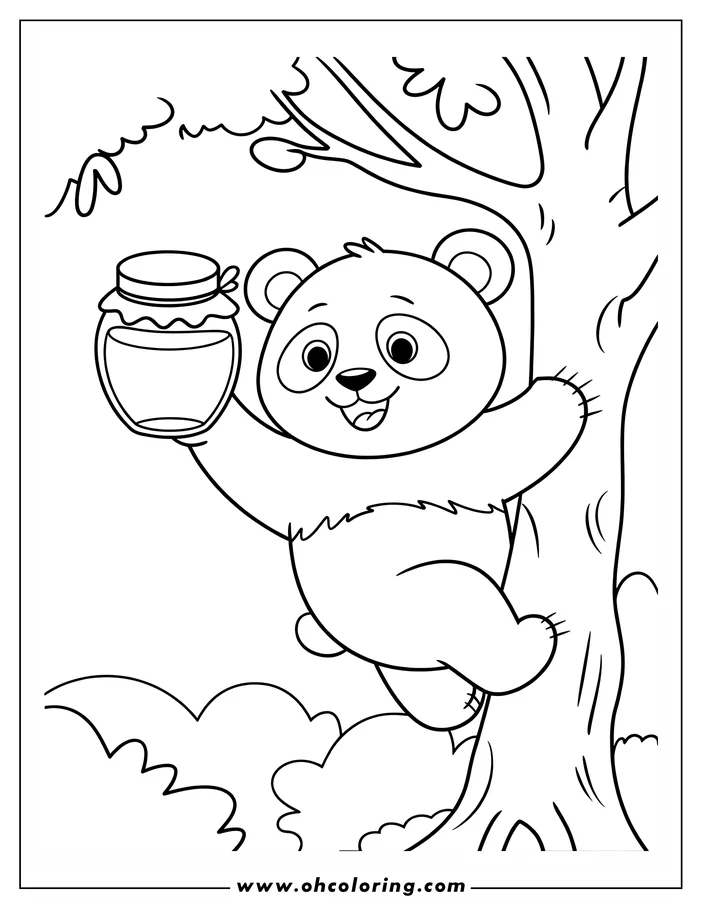 Outline of a panda holding a honey jar while hanging from a tree branch