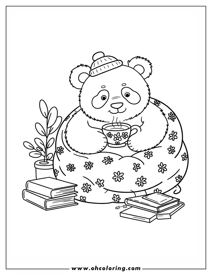 Outline of a panda bear relaxing in a beanbag chair with a warm drink, wearing a winter hat, near a plant and books.