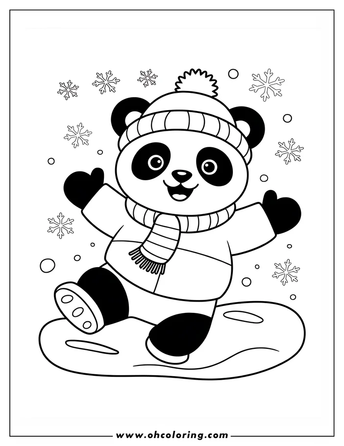 A cartoon panda wearing a winter hat, scarf, and mittens joyfully ice skates.