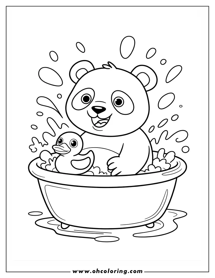 Outline of a panda bear taking a bath in a tub with a rubber ducky, surrounded by bubbles and water splashes.