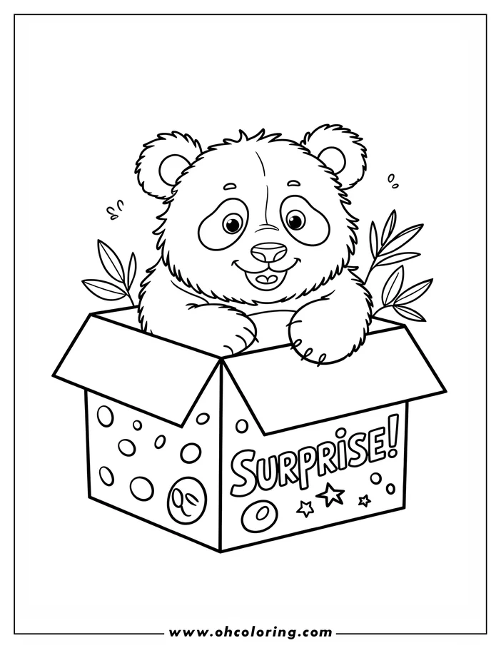 A cartoon panda cub sits in a surprise box, with bamboo leaves on either side.